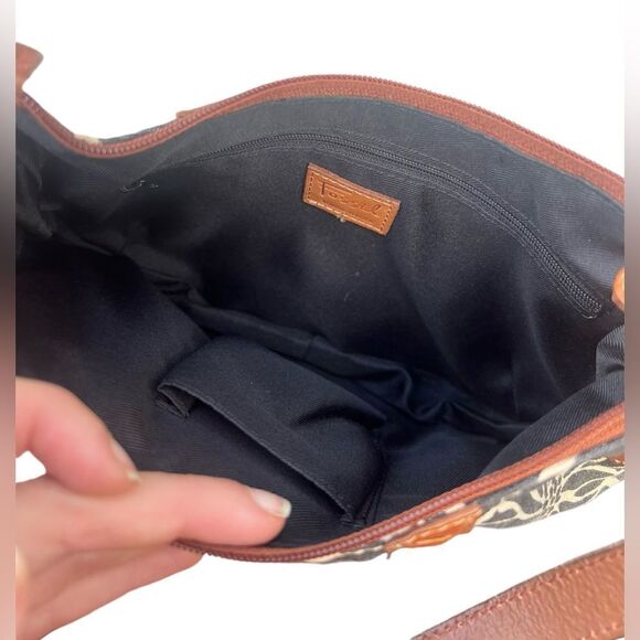 FOSSIL Black Cream Print Linen Canvas Leather Strap Hobo Shoulder Bag - Picture 5 of 7